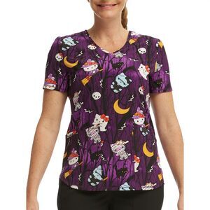 3XL Sanrio Hello Kitty Halloween Ghost Zombie Witch Cat Skull V-Neck Scrub Top